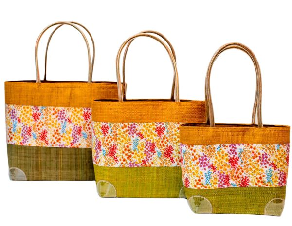 Panier Penjy 3 tons en rabane et tissu fleuri